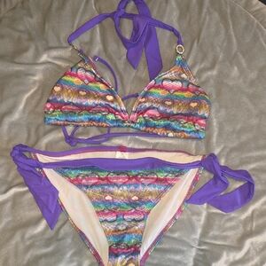 OP Purple Multicolor Heart-Print Bikini